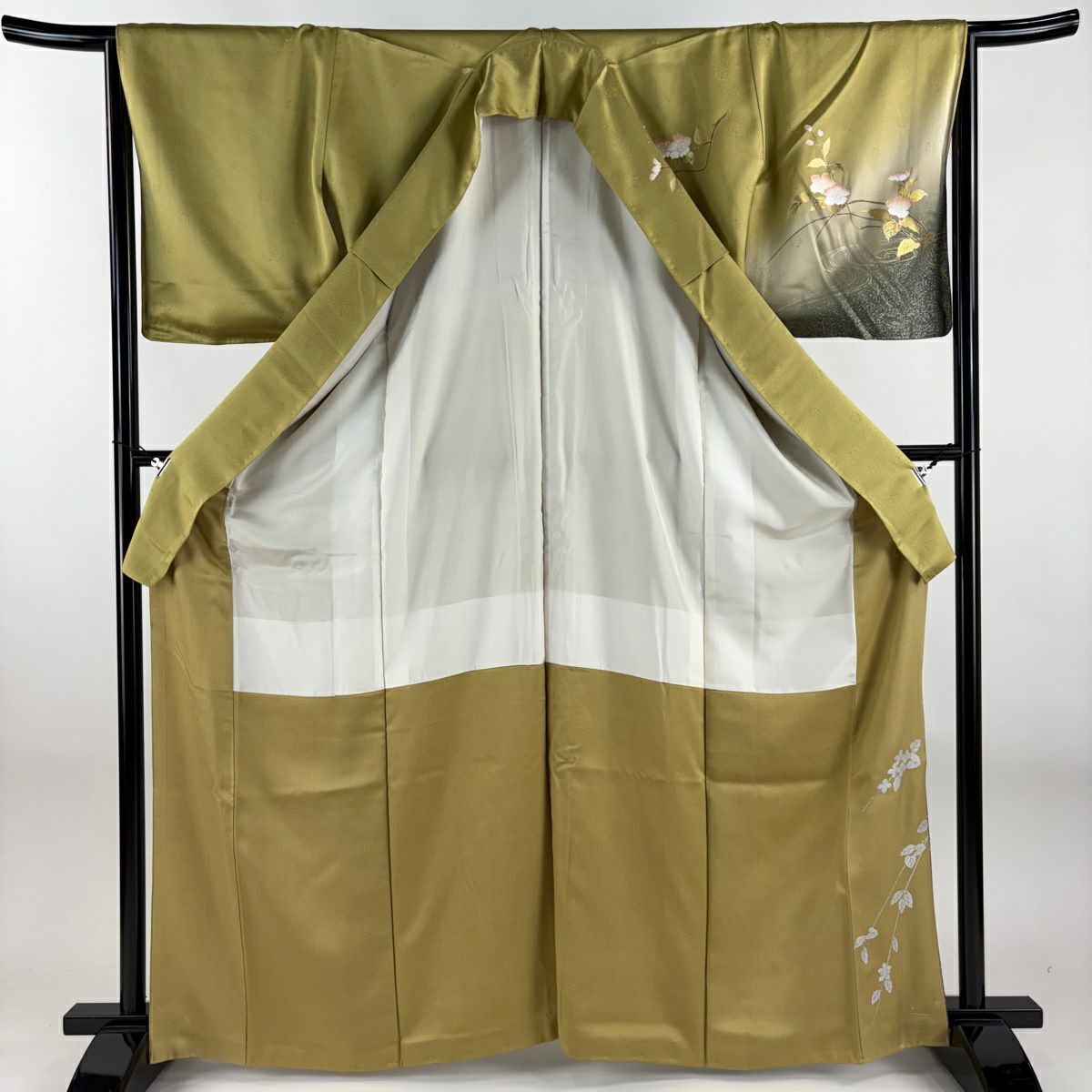 【美品】訪問服 身長163.5cm 袖長65cm M 雙層 枝花 流水 金銀彩 螺鈿 薄黃土 純蠶絲 名品級