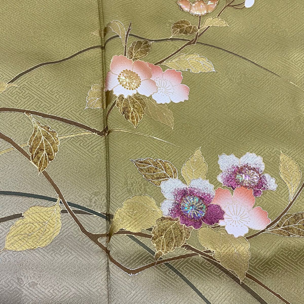【美品】訪問服 身長163.5cm 袖長65cm M 雙層 枝花 流水 金銀彩 螺鈿 薄黃土 純蠶絲 名品級