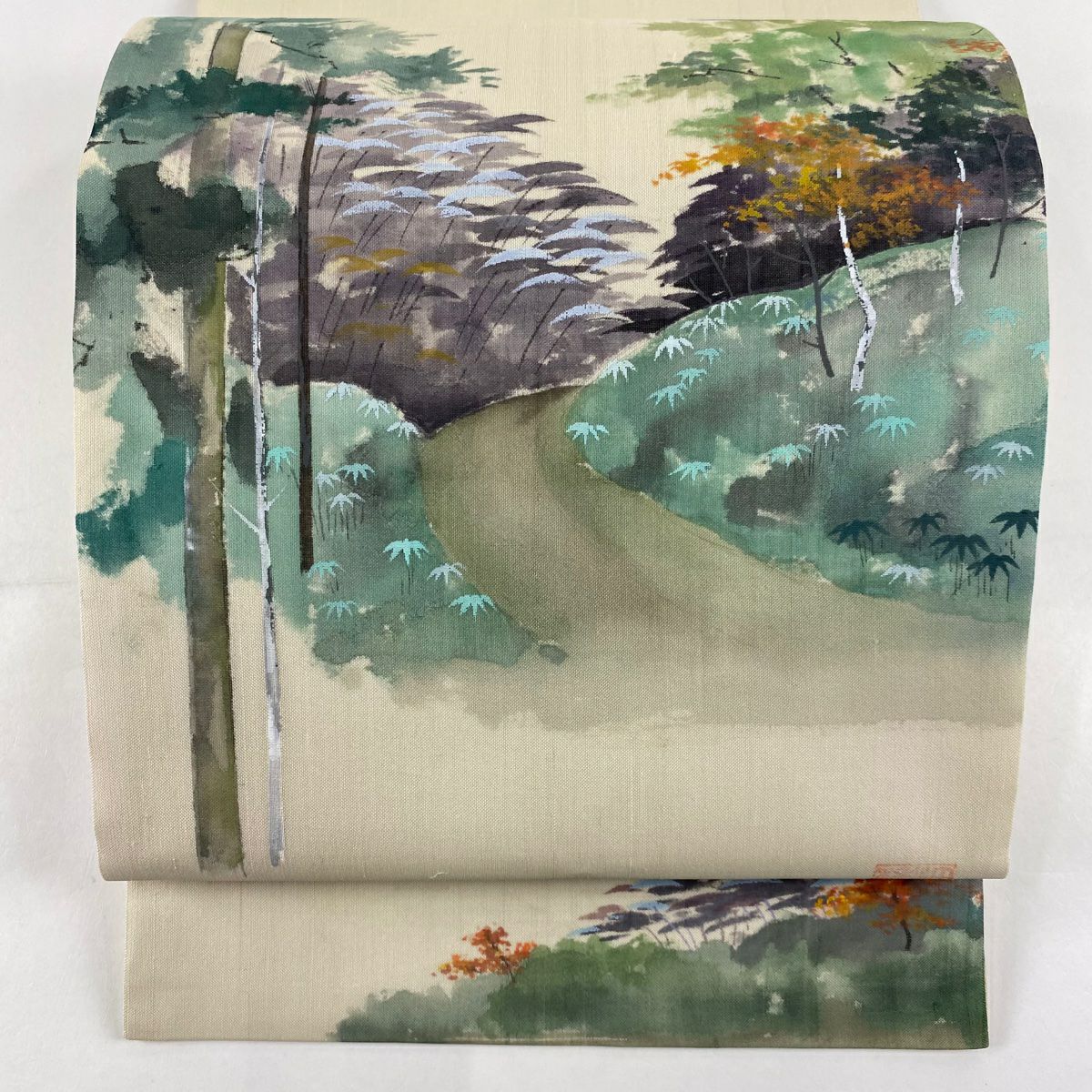 【美品】 袋帶 秀品級 落款 夏帶 紬織織 風景 樹木 奶油色 お太鼓圖案 純蠶絲