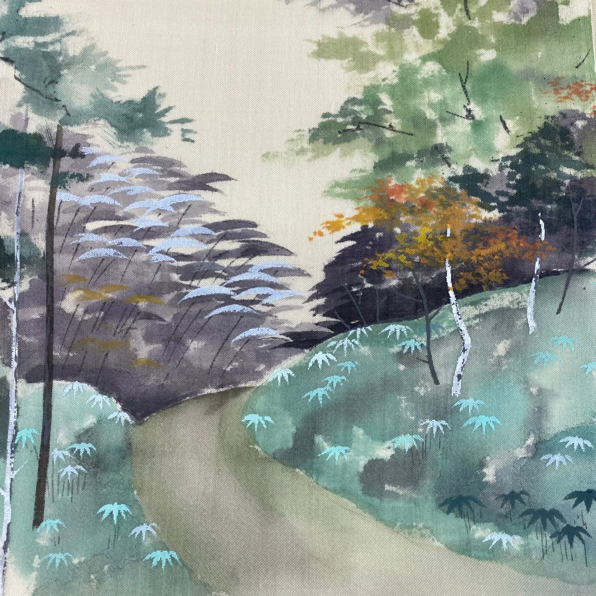 【美品】 袋帶 秀品級 落款 夏帶 紬織織 風景 樹木 奶油色 お太鼓圖案 純蠶絲