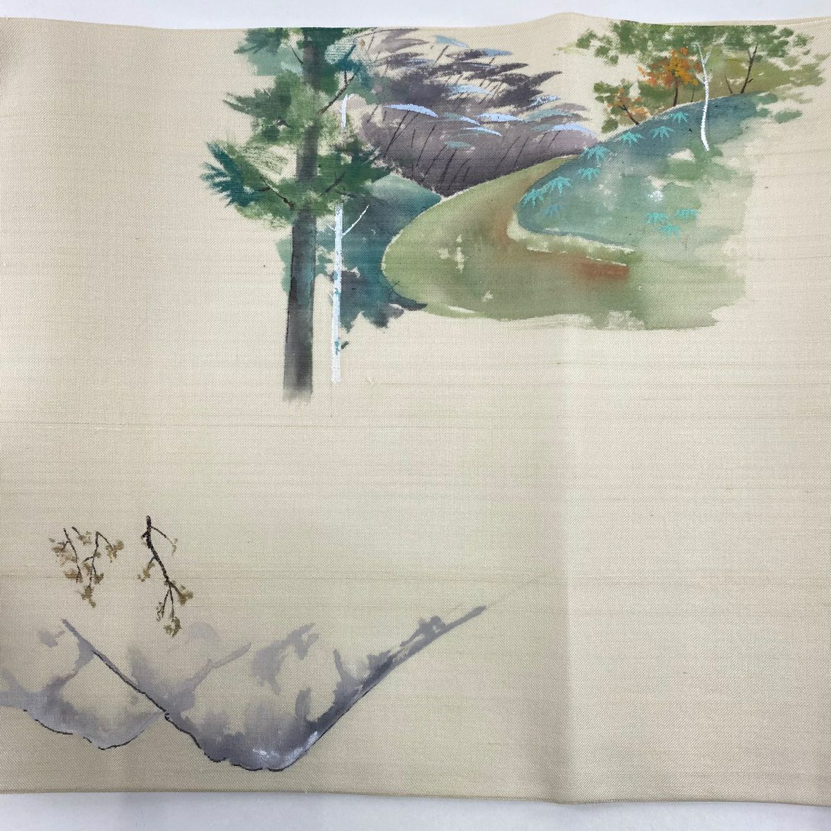 【美品】 袋帶 秀品級 落款 夏帶 紬織織 風景 樹木 奶油色 お太鼓圖案 純蠶絲