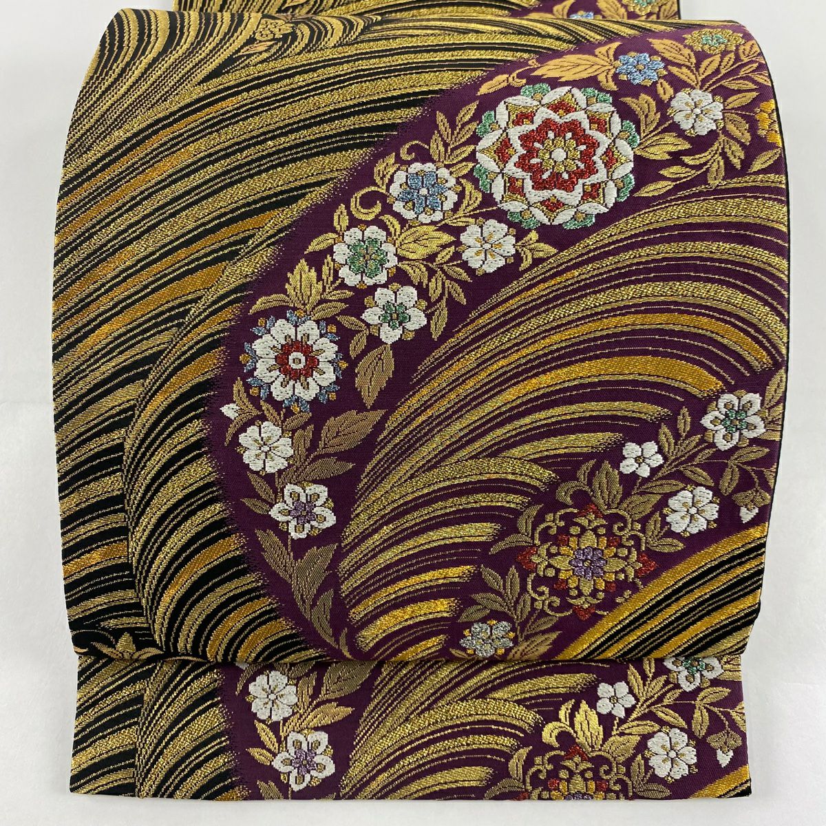 【美品】 袋帶 秀品級 鈴乃屋 華紋 草花紋紋 金糸 金金箔 紫 六通 純蠶絲