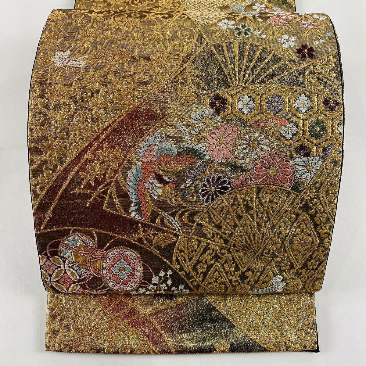 【美品】 袋帶 秀品級 扇子 花鳥 金金箔 金色 六通 純蠶絲