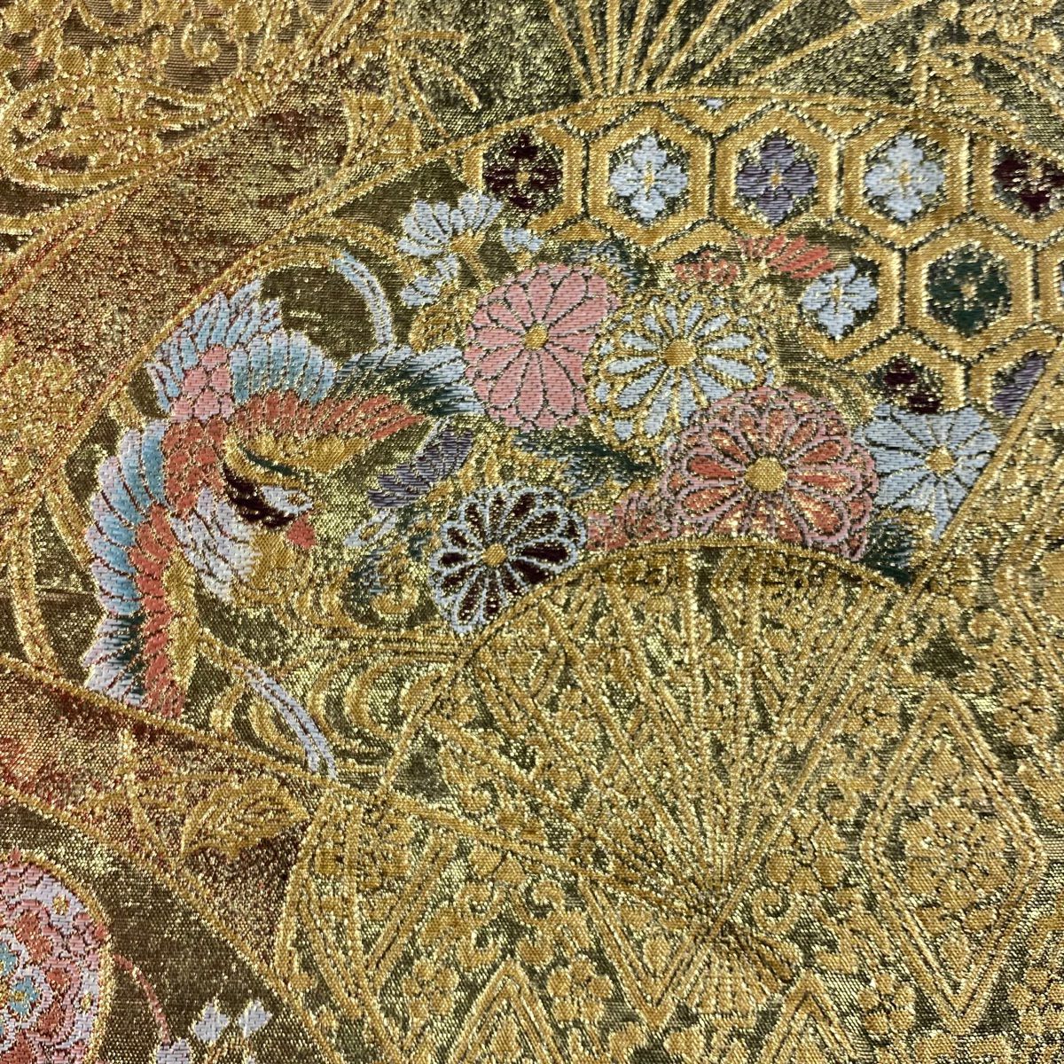 【美品】 袋帶 秀品級 扇子 花鳥 金金箔 金色 六通 純蠶絲
