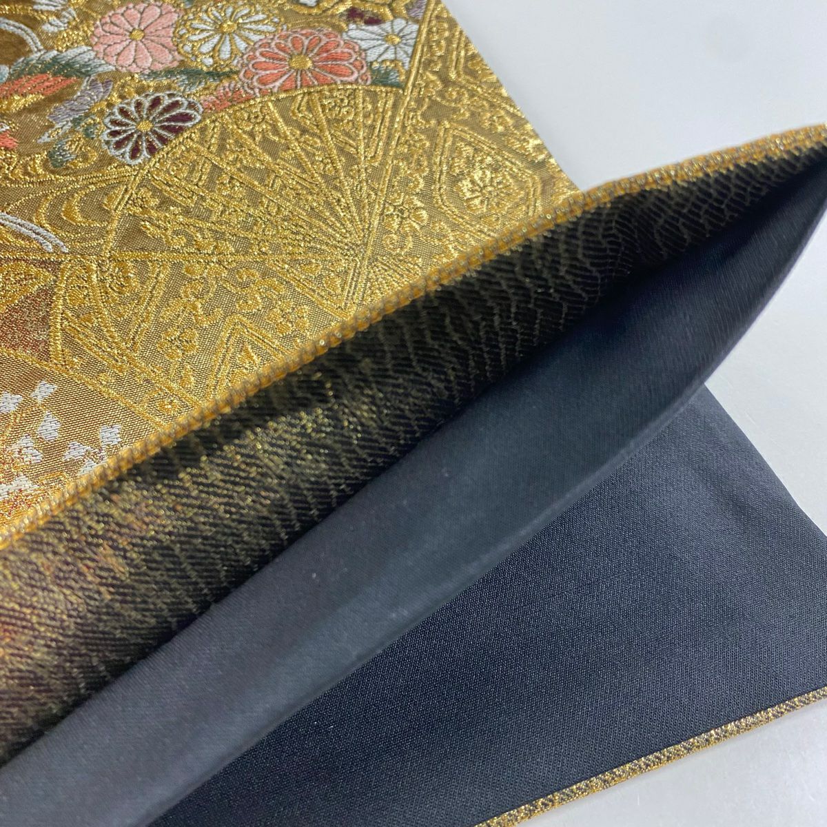 【美品】 袋帶 秀品級 扇子 花鳥 金金箔 金色 六通 純蠶絲