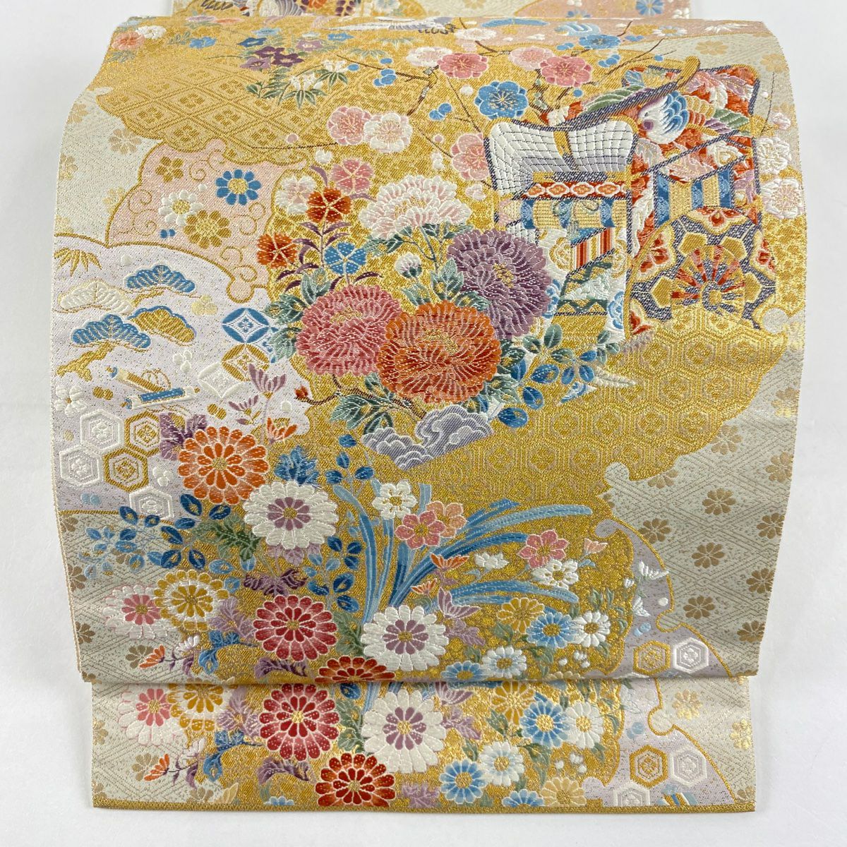 【美品】 袋帶 秀品級 關西仕立 雙層 御所車 草花紋 金絲 金金箔 奶油 六通 純蠶絲