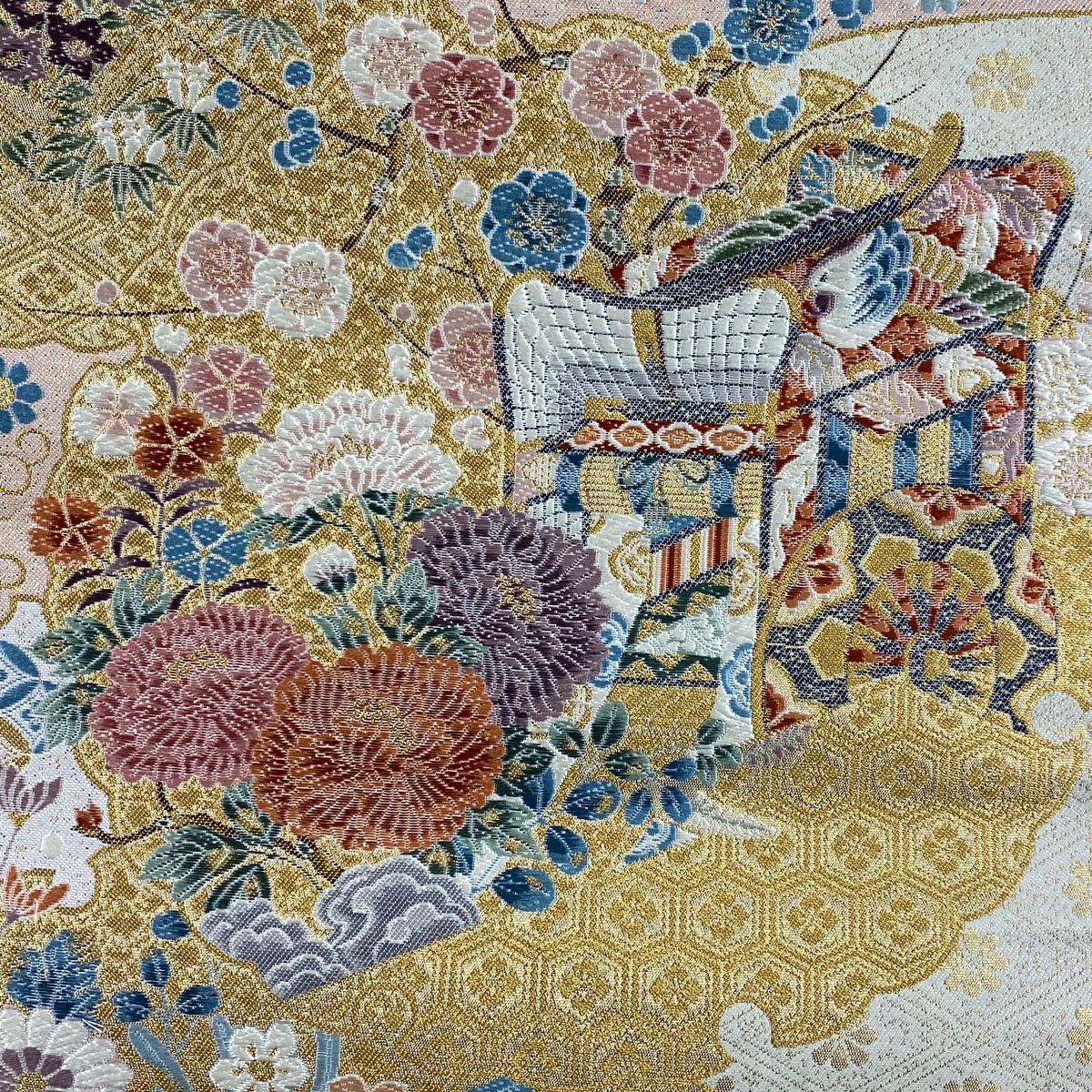 【美品】 袋帶 秀品級 關西仕立 雙層 御所車 草花紋 金絲 金金箔 奶油 六通 純蠶絲