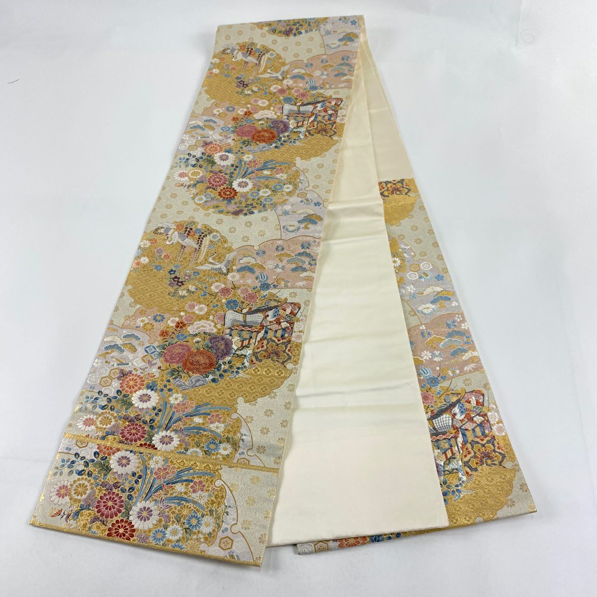 【美品】 袋帶 秀品級 關西仕立 雙層 御所車 草花紋 金絲 金金箔 奶油 六通 純蠶絲