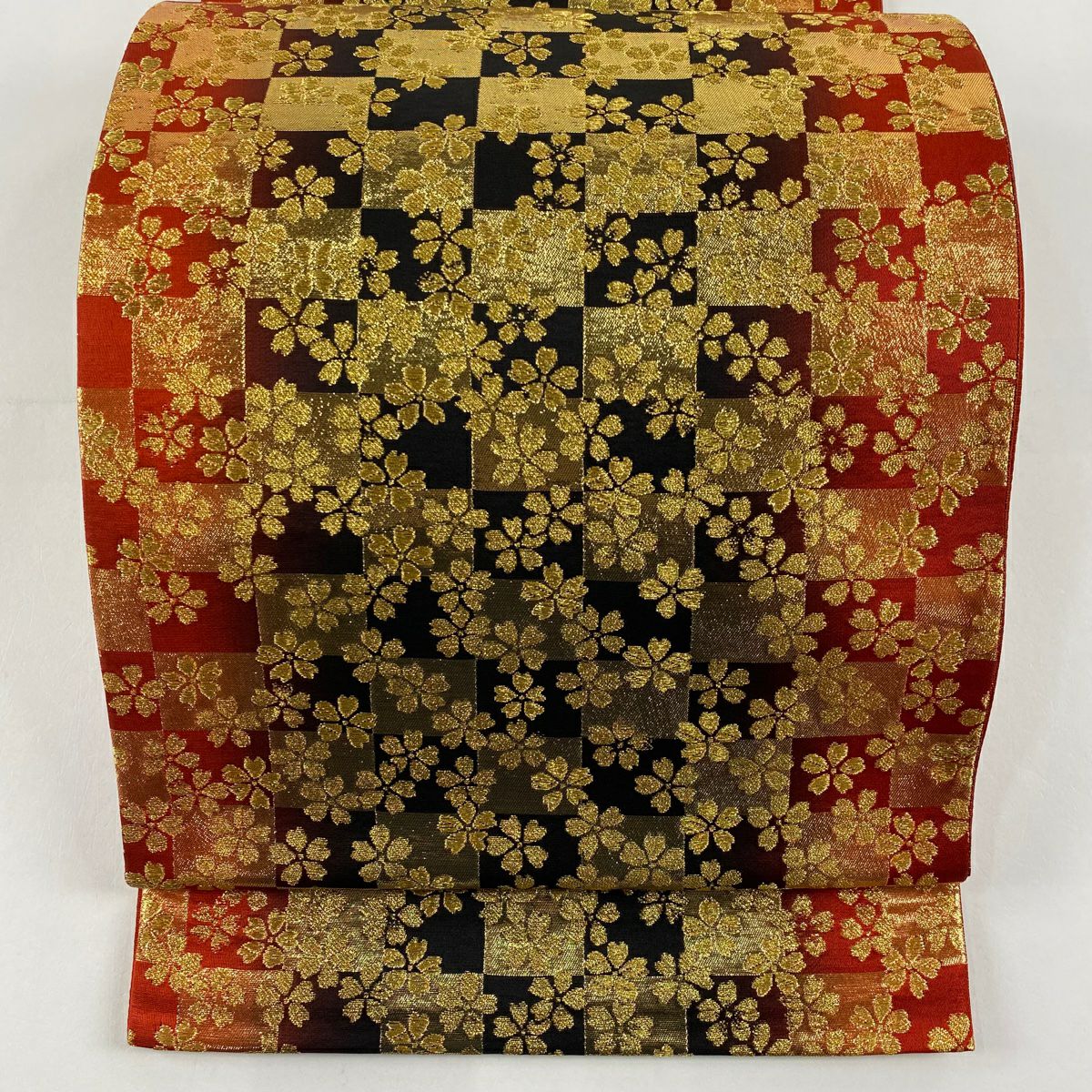 【美品】 袋帶 秀品級櫻花 市松樹 金絲 金金箔 朱紅 六通 純蠶絲