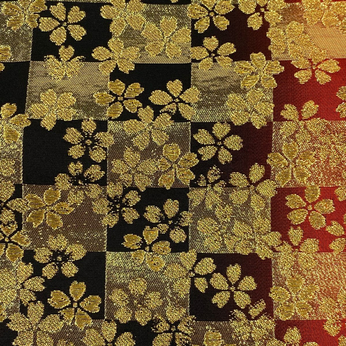 【美品】 袋帶 秀品級櫻花 市松樹 金絲 金金箔 朱紅 六通 純蠶絲