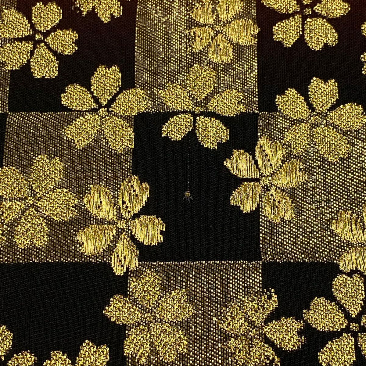 【美品】 袋帶 秀品級櫻花 市松樹 金絲 金金箔 朱紅 六通 純蠶絲