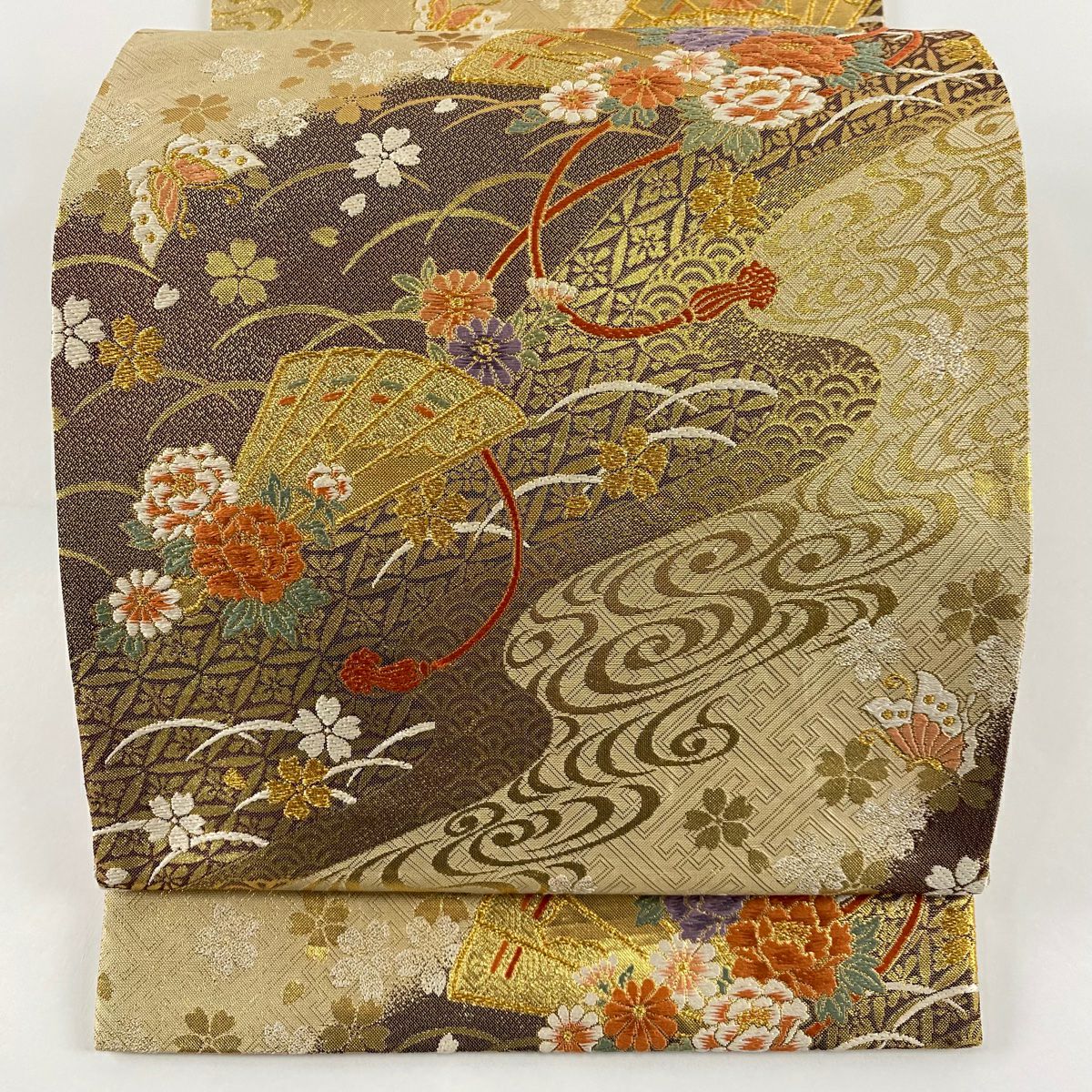 袋帶 秀品級 檜扇子 花蝶 金絲 刺繡 米色 六通 純蠶絲