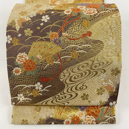 袋帶 秀品級 檜扇子 花蝶 金絲 刺繡 米色 六通 純蠶絲
