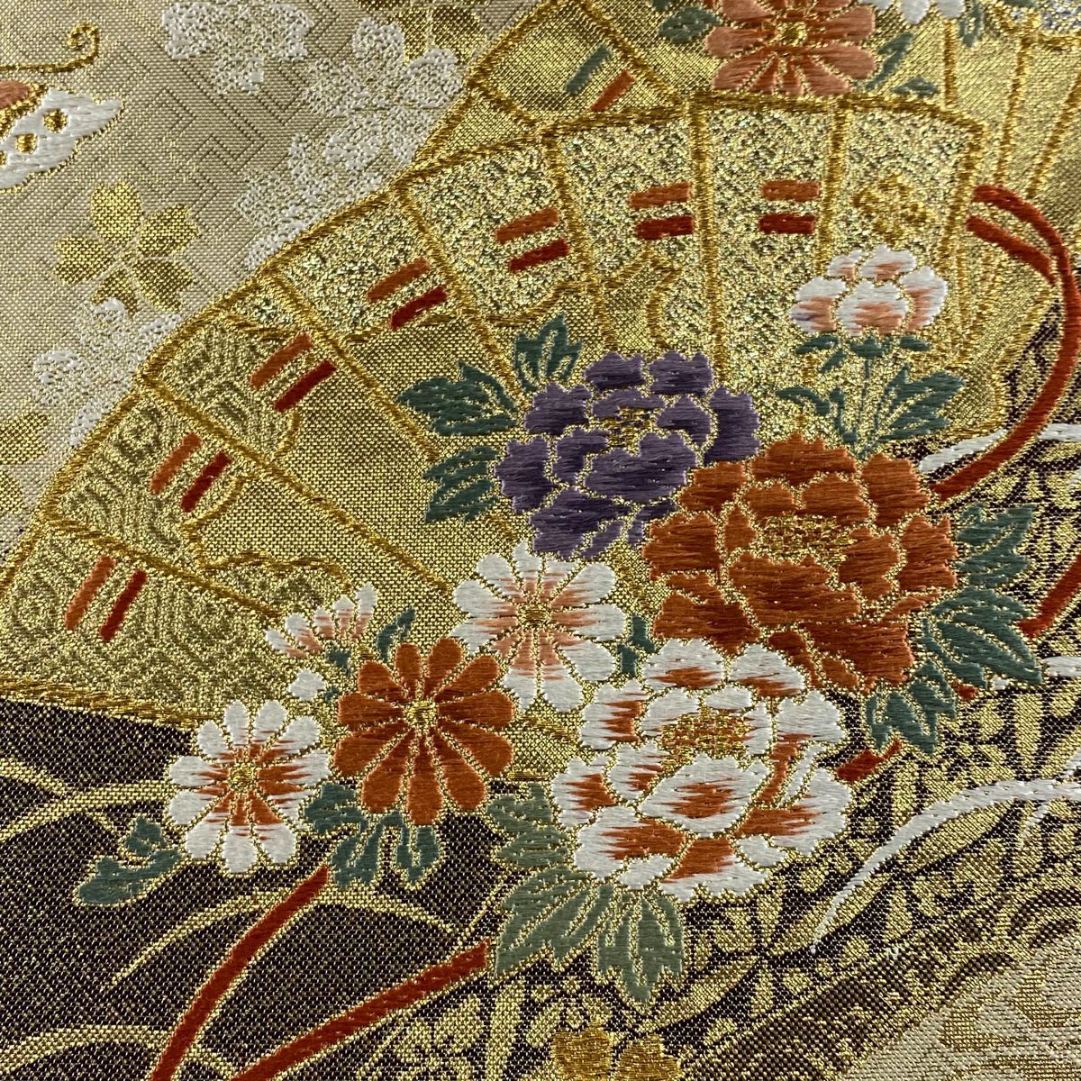 袋帶 秀品級 檜扇子 花蝶 金絲 刺繡 米色 六通 純蠶絲