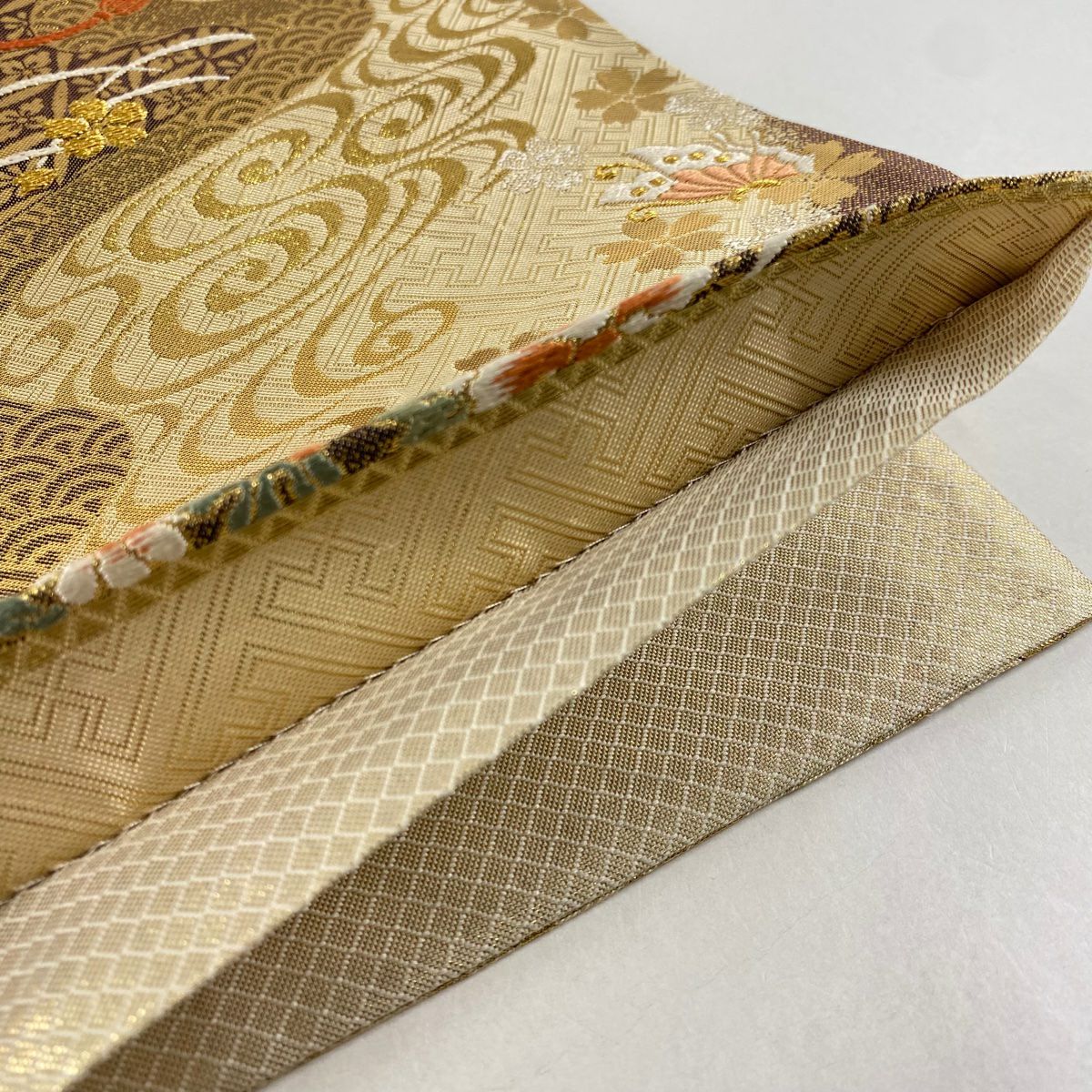 袋帶 秀品級 檜扇子 花蝶 金絲 刺繡 米色 六通 純蠶絲