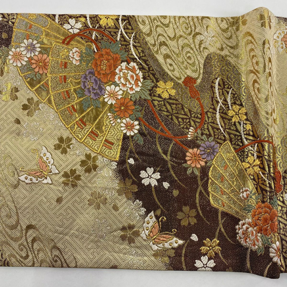袋帶 秀品級 檜扇子 花蝶 金絲 刺繡 米色 六通 純蠶絲