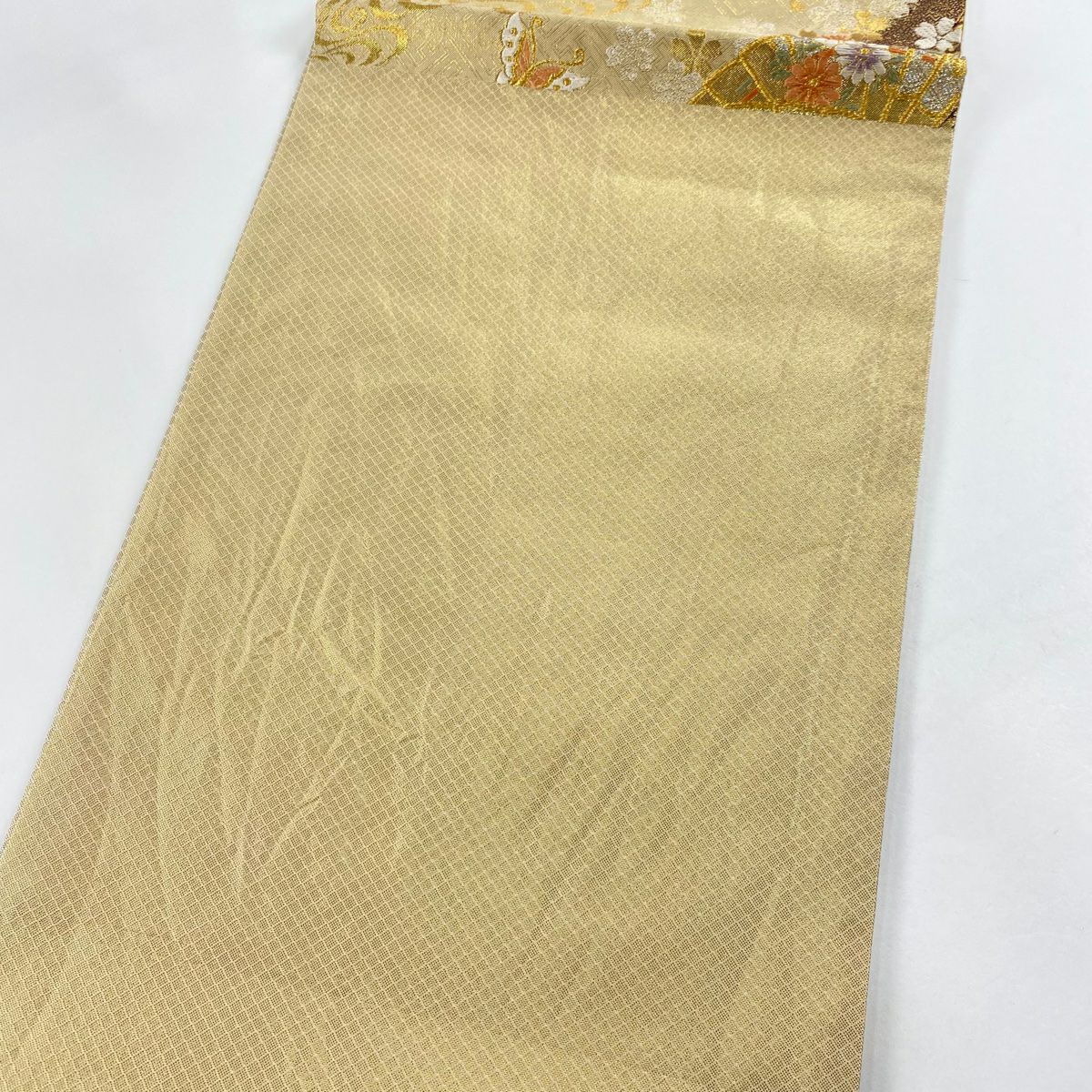 袋帶 秀品級 檜扇子 花蝶 金絲 刺繡 米色 六通 純蠶絲