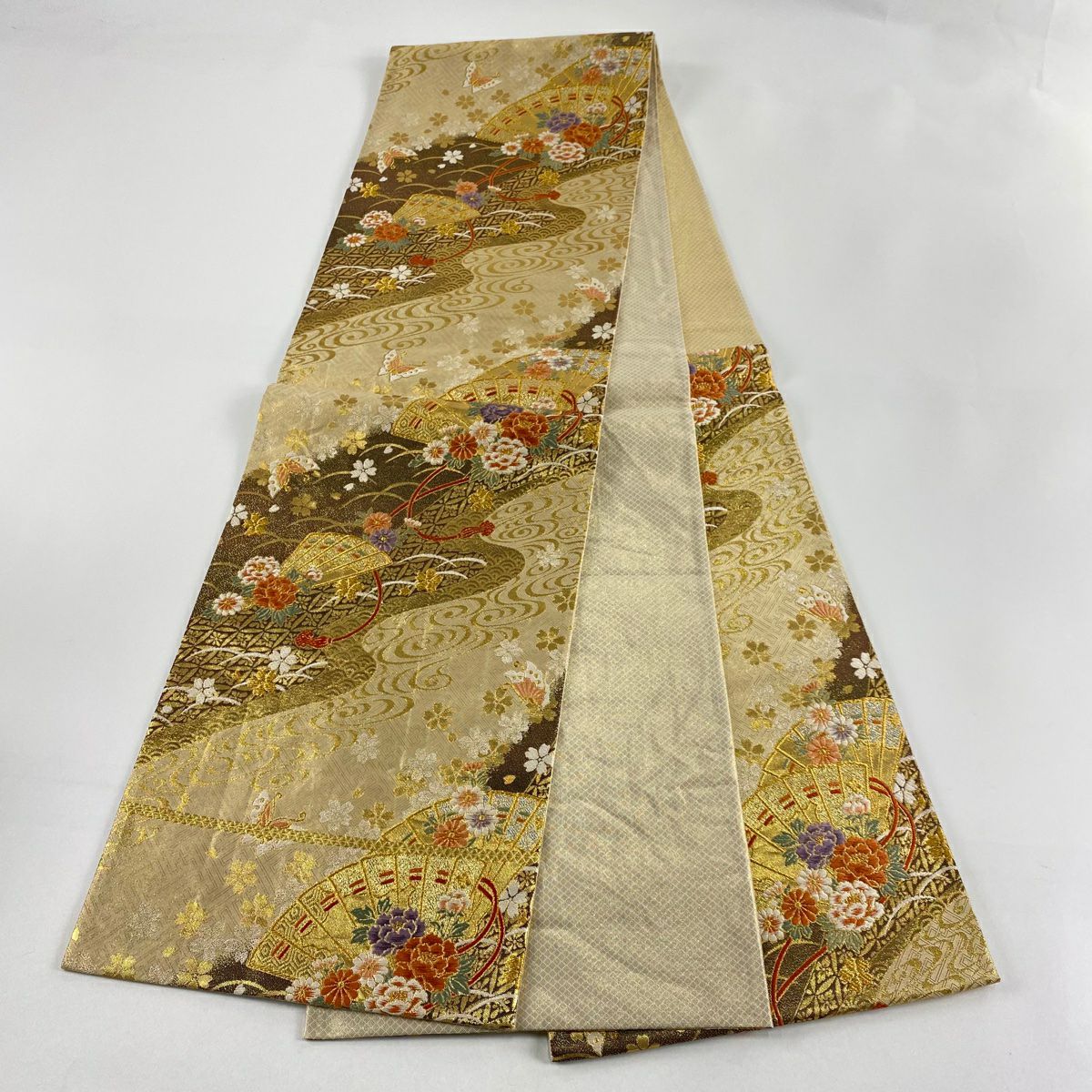 袋帶 秀品級 檜扇子 花蝶 金絲 刺繡 米色 六通 純蠶絲
