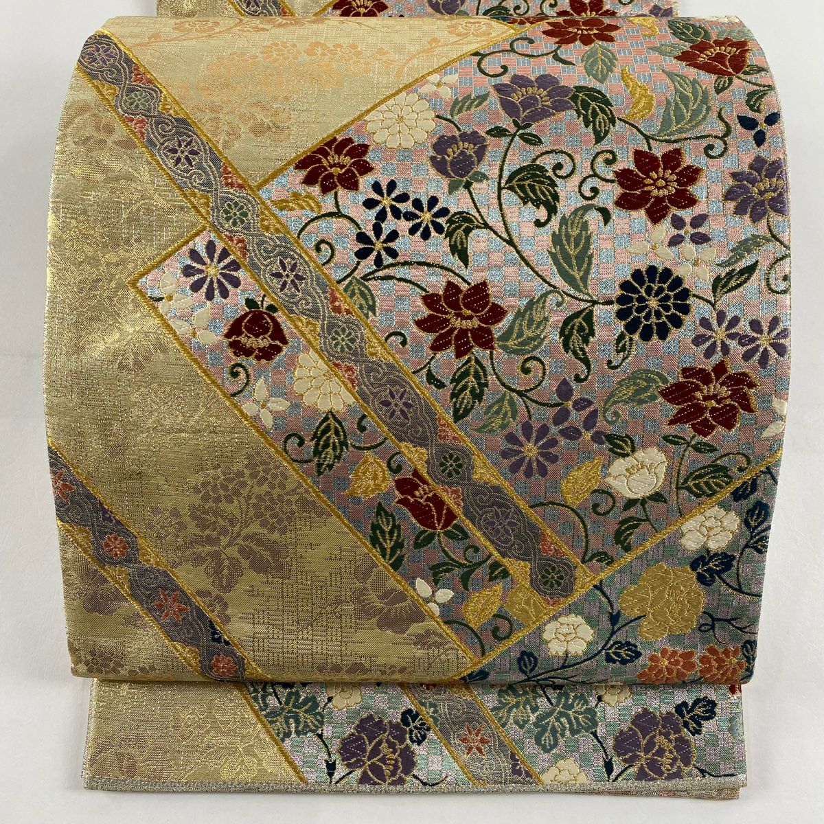 【美品】 袋帶 秀品級 草花紋紋 市松樹刺繡 金線 淺粉色 六通 純蠶絲