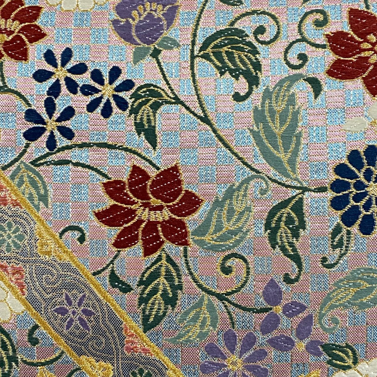 【美品】 袋帶 秀品級 草花紋紋 市松樹刺繡 金線 淺粉色 六通 純蠶絲