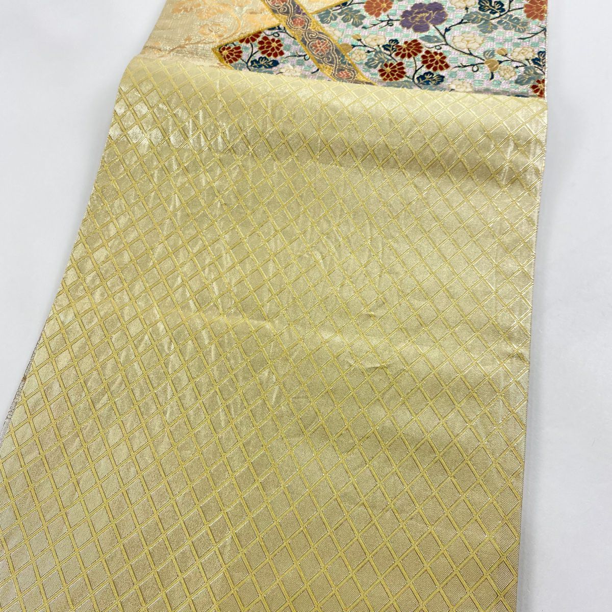 【美品】 袋帶 秀品級 草花紋紋 市松樹刺繡 金線 淺粉色 六通 純蠶絲