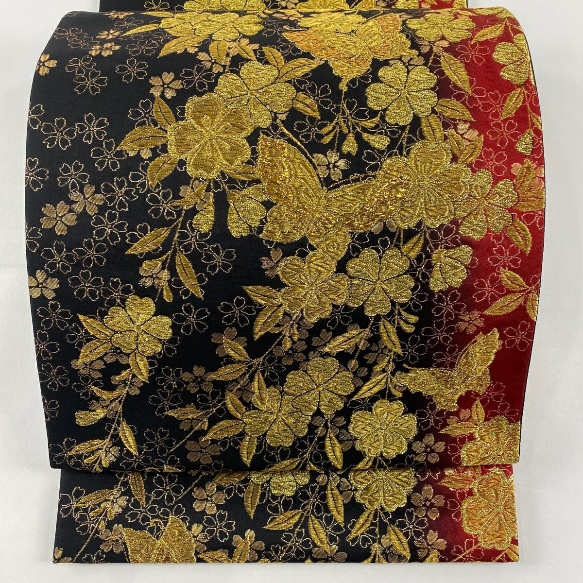 【美品】 袋帶 秀品級 蝶 枝垂櫻 金絲 金金箔 黑 六通 純蠶絲