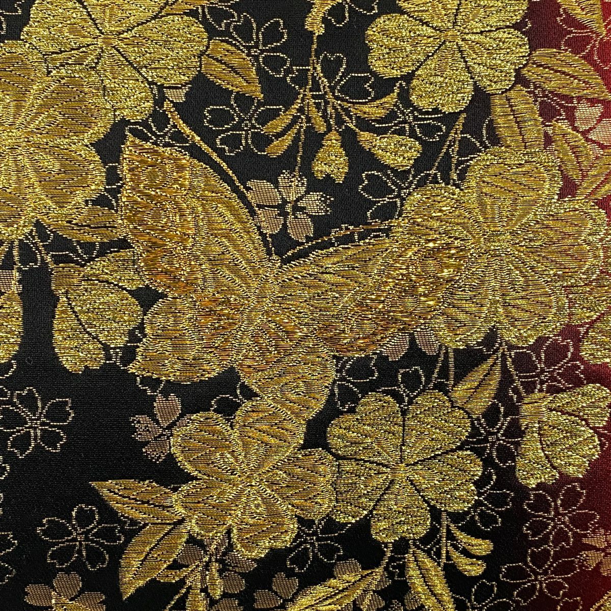 【美品】 袋帶 秀品級 蝶 枝垂櫻 金絲 金金箔 黑 六通 純蠶絲