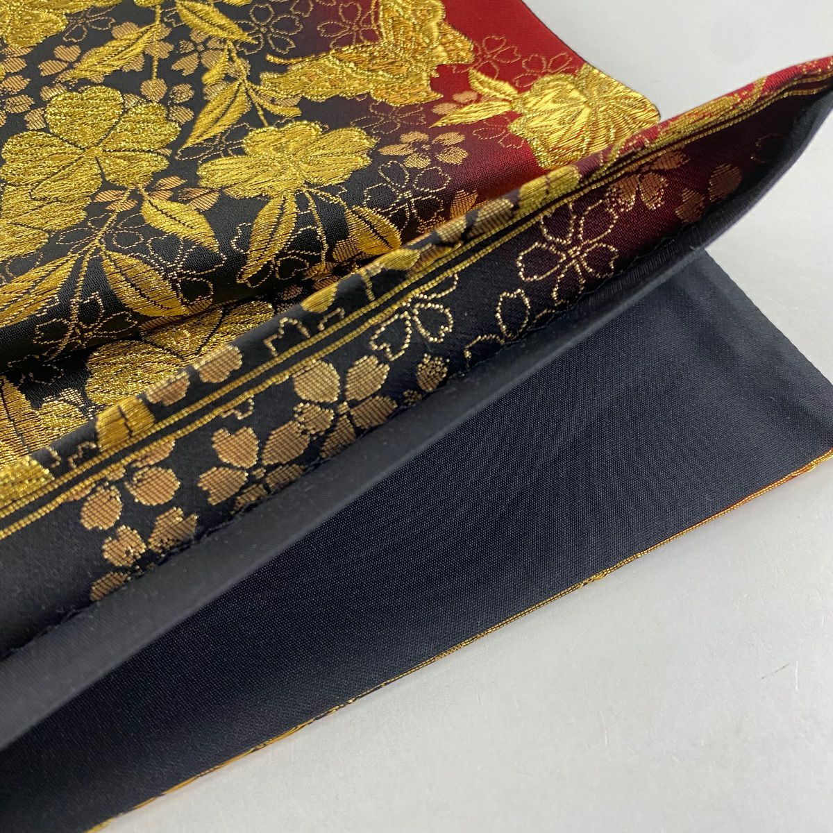 【美品】 袋帶 秀品級 蝶 枝垂櫻 金絲 金金箔 黑 六通 純蠶絲