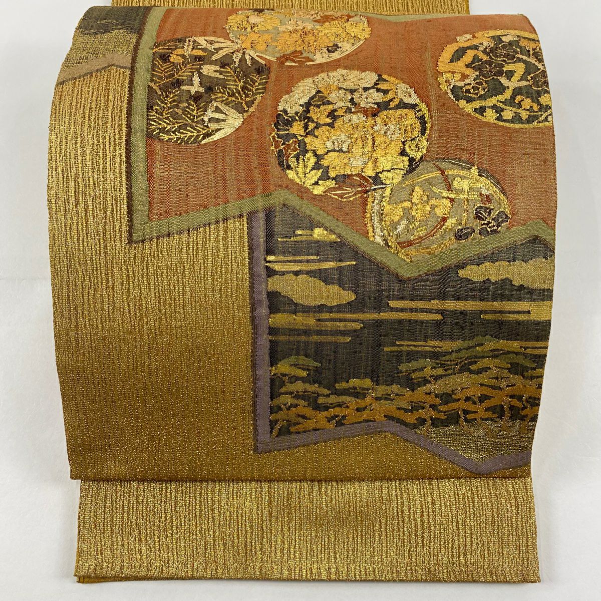 【美品】 袋帶 秀品級 夏帶 關西仕立 花丸紋 松樹 金絲 金金箔 金色 大鼓圖案 純蠶絲