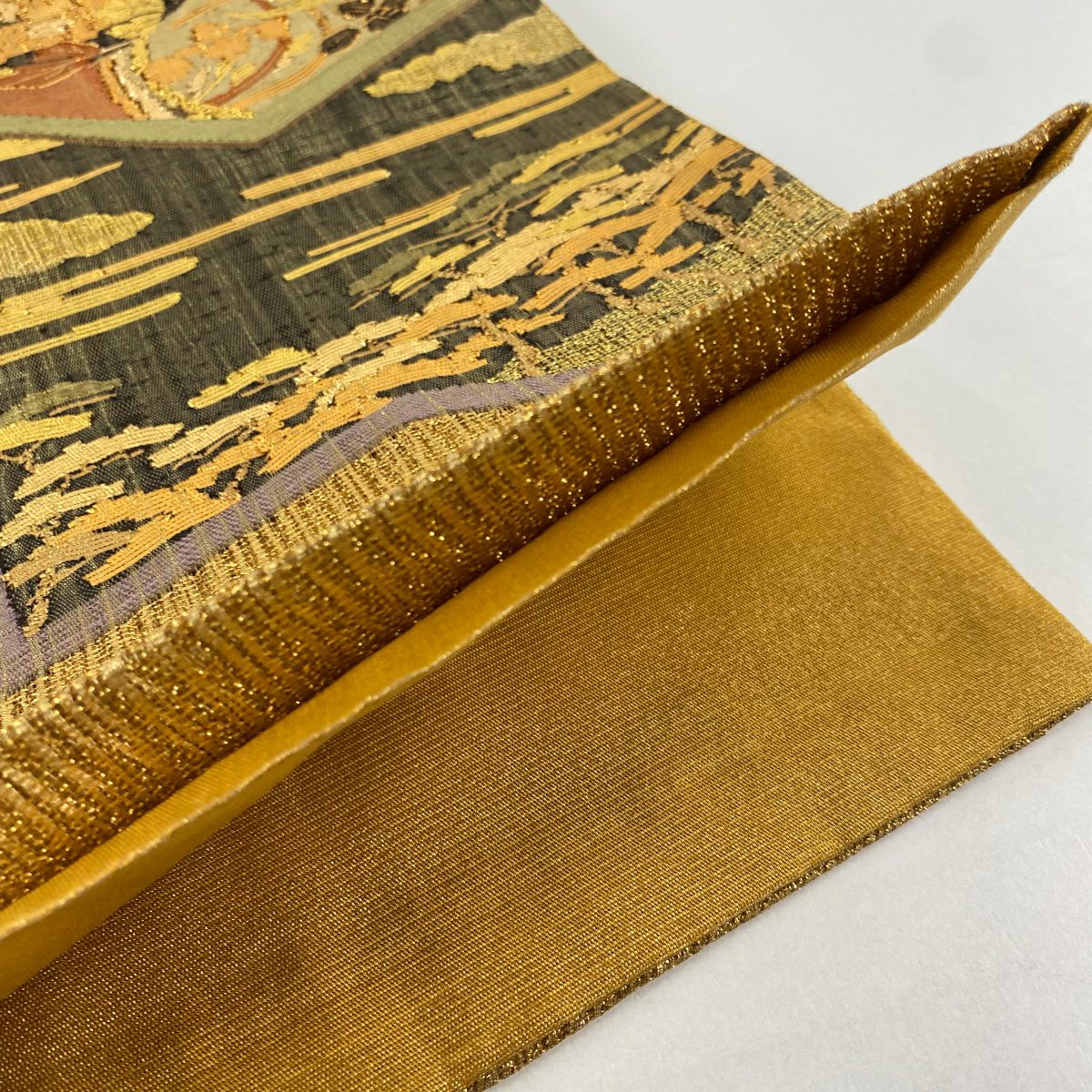 【美品】 袋帶 秀品級 夏帶 關西仕立 花丸紋 松樹 金絲 金金箔 金色 大鼓圖案 純蠶絲