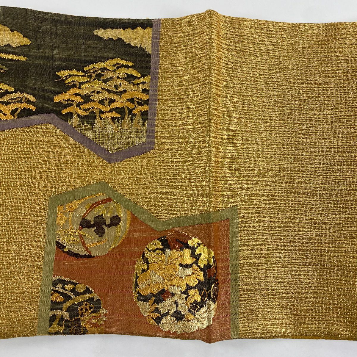 【美品】 袋帶 秀品級 夏帶 關西仕立 花丸紋 松樹 金絲 金金箔 金色 大鼓圖案 純蠶絲