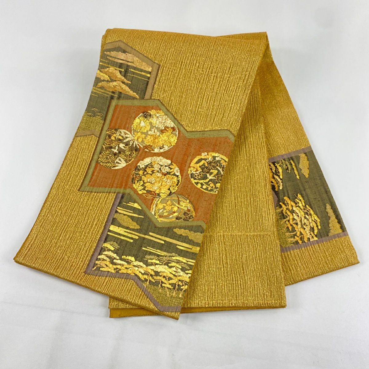 【美品】 袋帶 秀品級 夏帶 關西仕立 花丸紋 松樹 金絲 金金箔 金色 大鼓圖案 純蠶絲