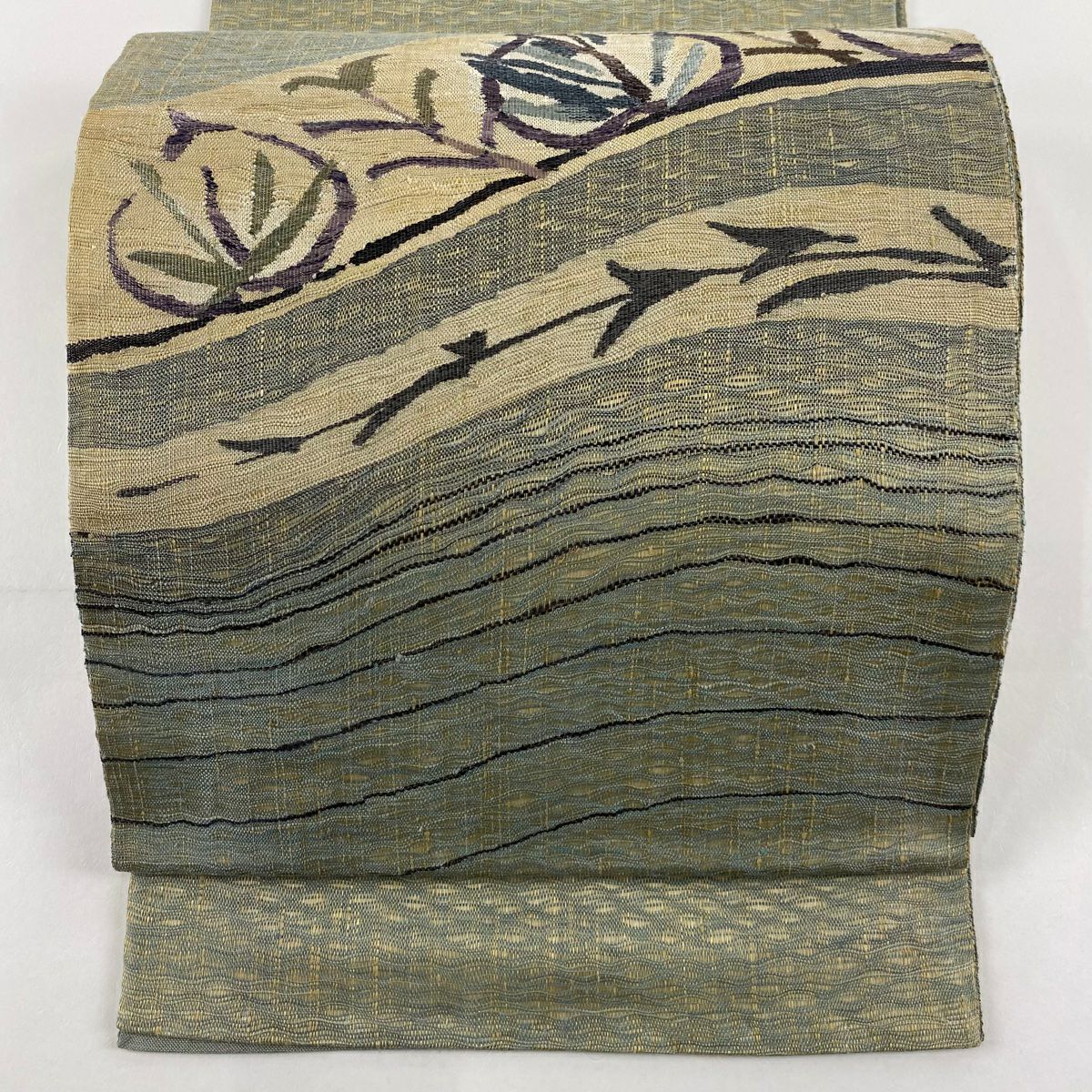 【美品】 袋帶 秀品級 葉紋 深藍色 大鼓紋 純蠶絲