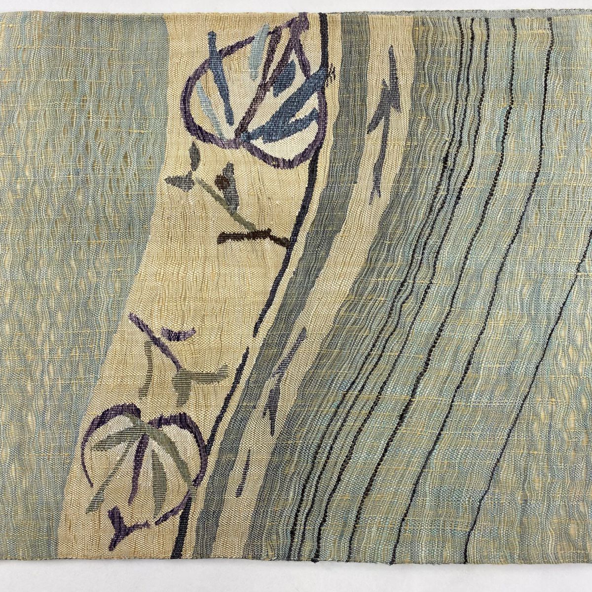 【美品】 袋帶 秀品級 葉紋 深藍色 大鼓紋 純蠶絲