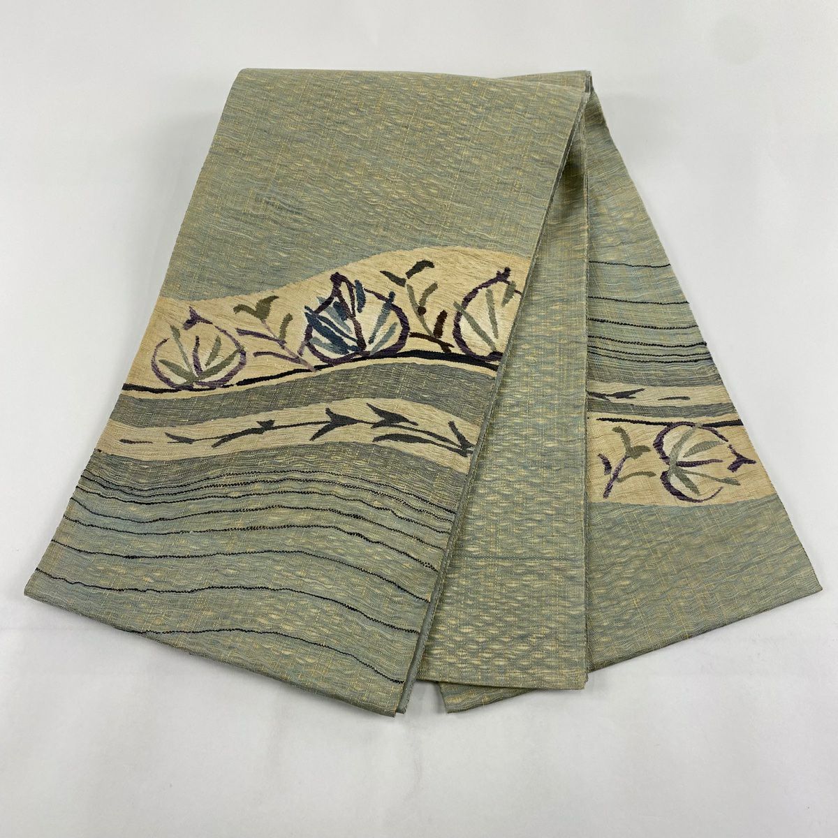 【美品】 袋帶 秀品級 葉紋 深藍色 大鼓紋 純蠶絲