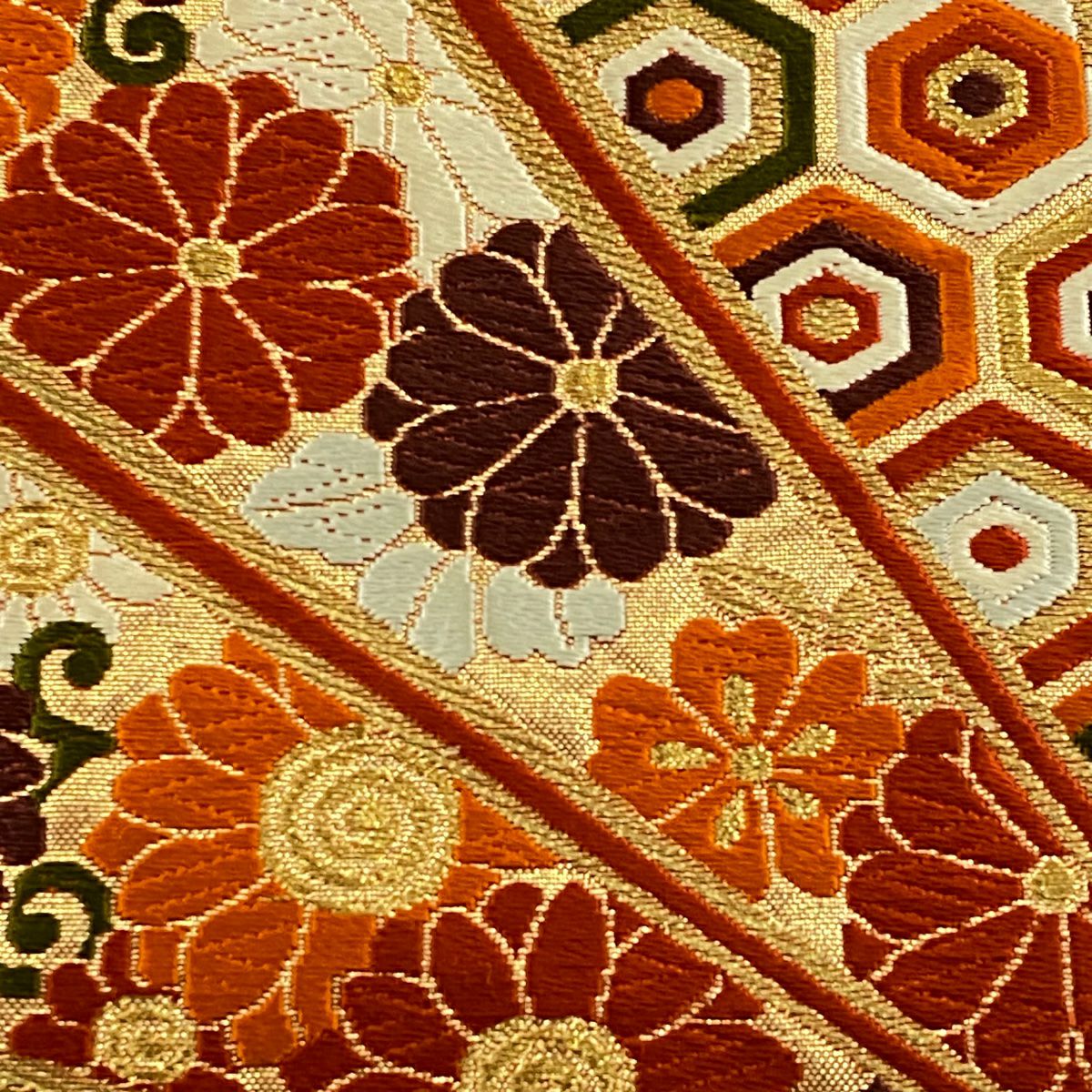 【美品】 袋帶 秀品級 檜扇子 草花紋 金糸 金金箔 朱 深藍 六通 純蠶絲