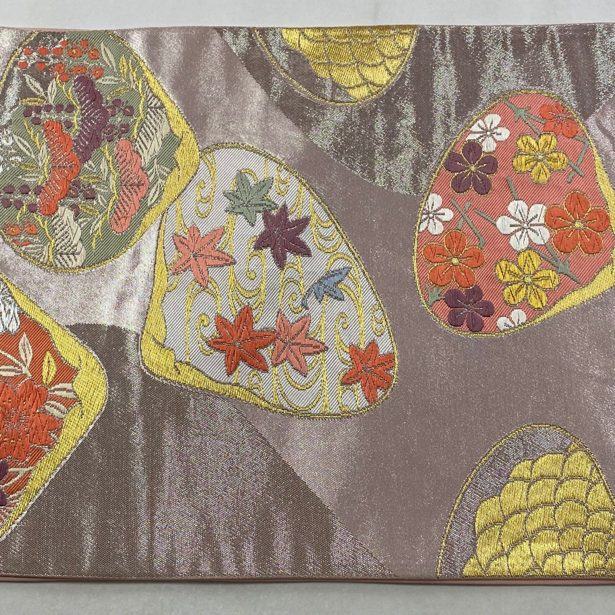 【美品】 袋帶 秀品級 加納幸 落款あり 貝合わせ 櫻花 金銀彩 金金箔 淺粉色 六通 純蠶絲