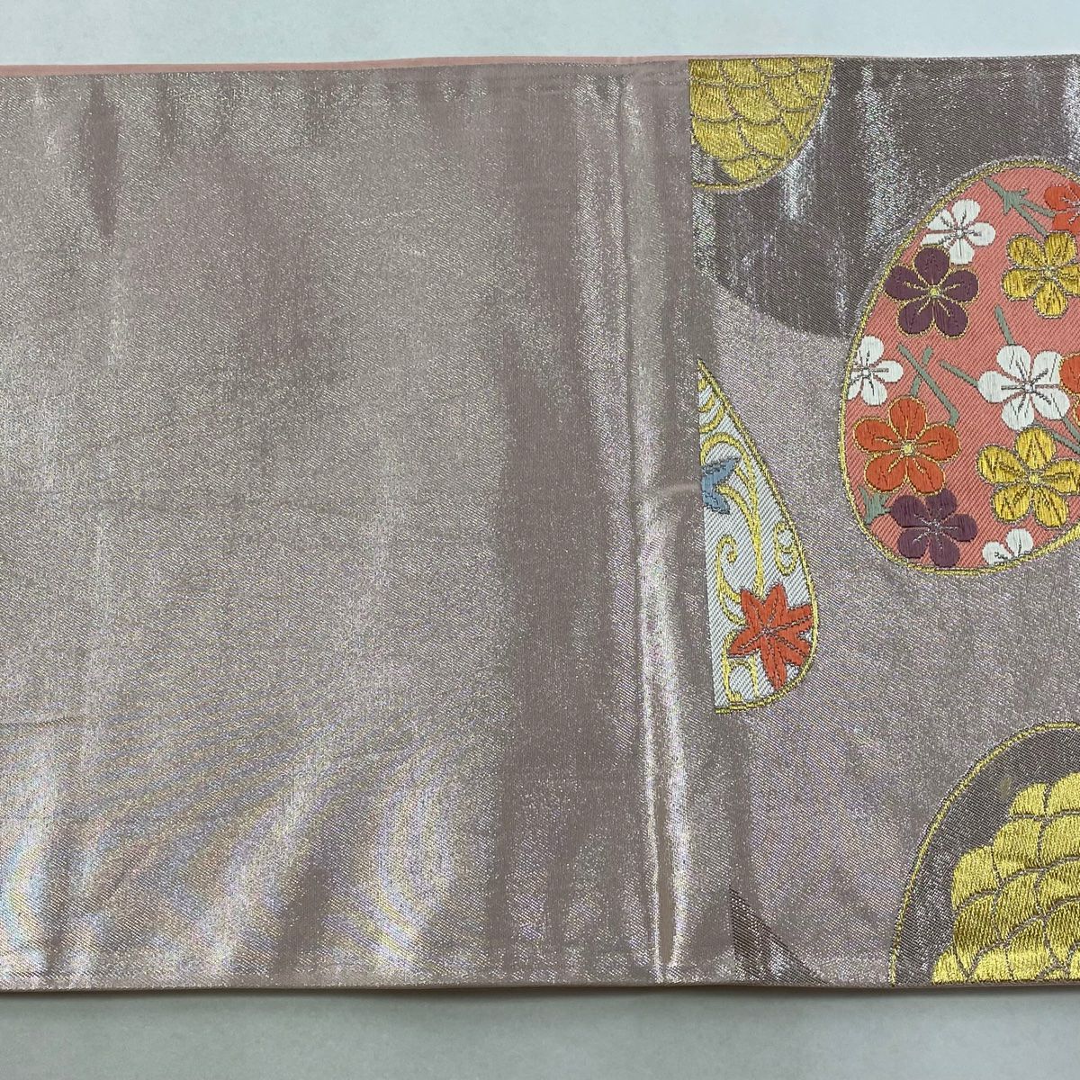 【美品】 袋帶 秀品級 加納幸 落款あり 貝合わせ 櫻花 金銀彩 金金箔 淺粉色 六通 純蠶絲