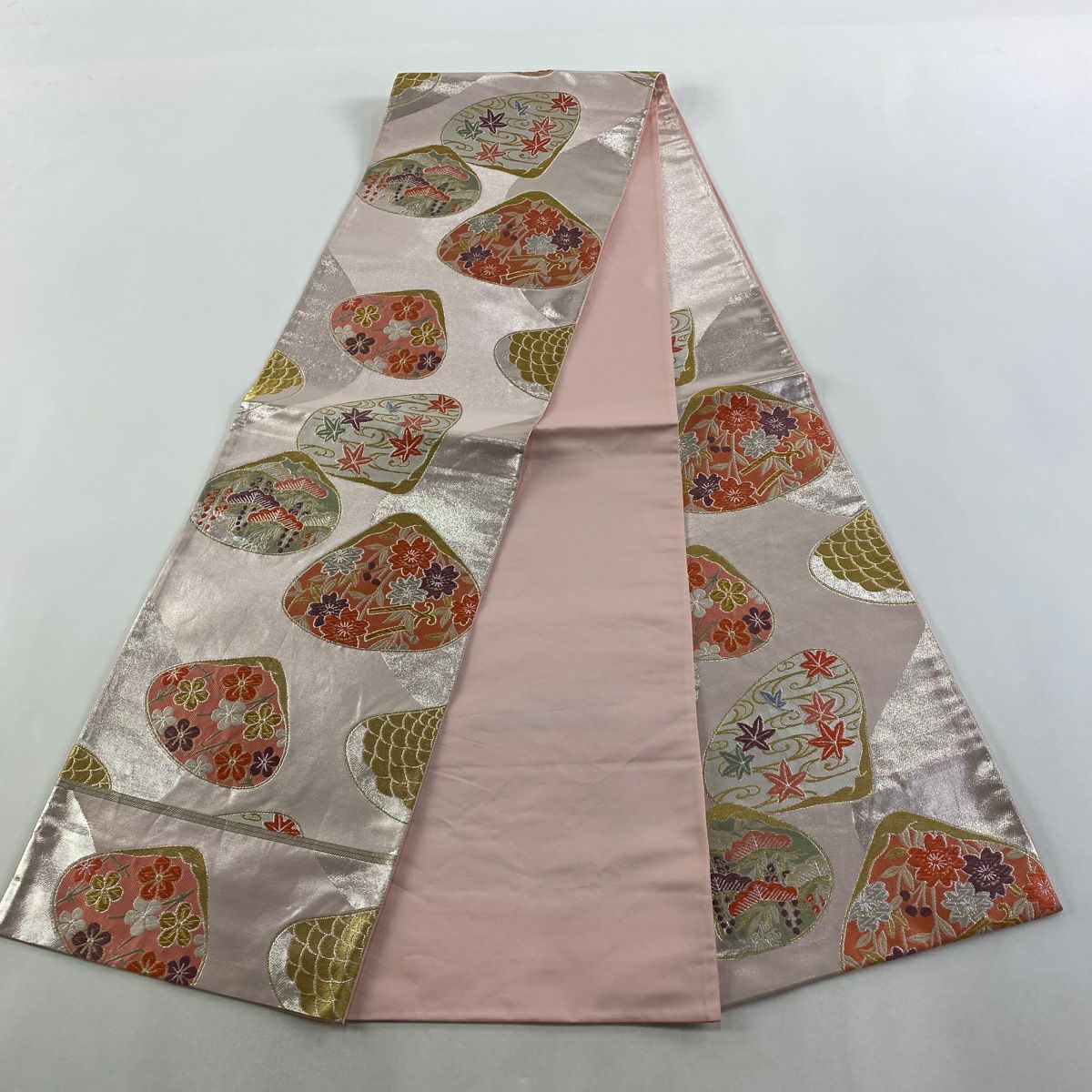 【美品】 袋帶 秀品級 加納幸 落款あり 貝合わせ 櫻花 金銀彩 金金箔 淺粉色 六通 純蠶絲