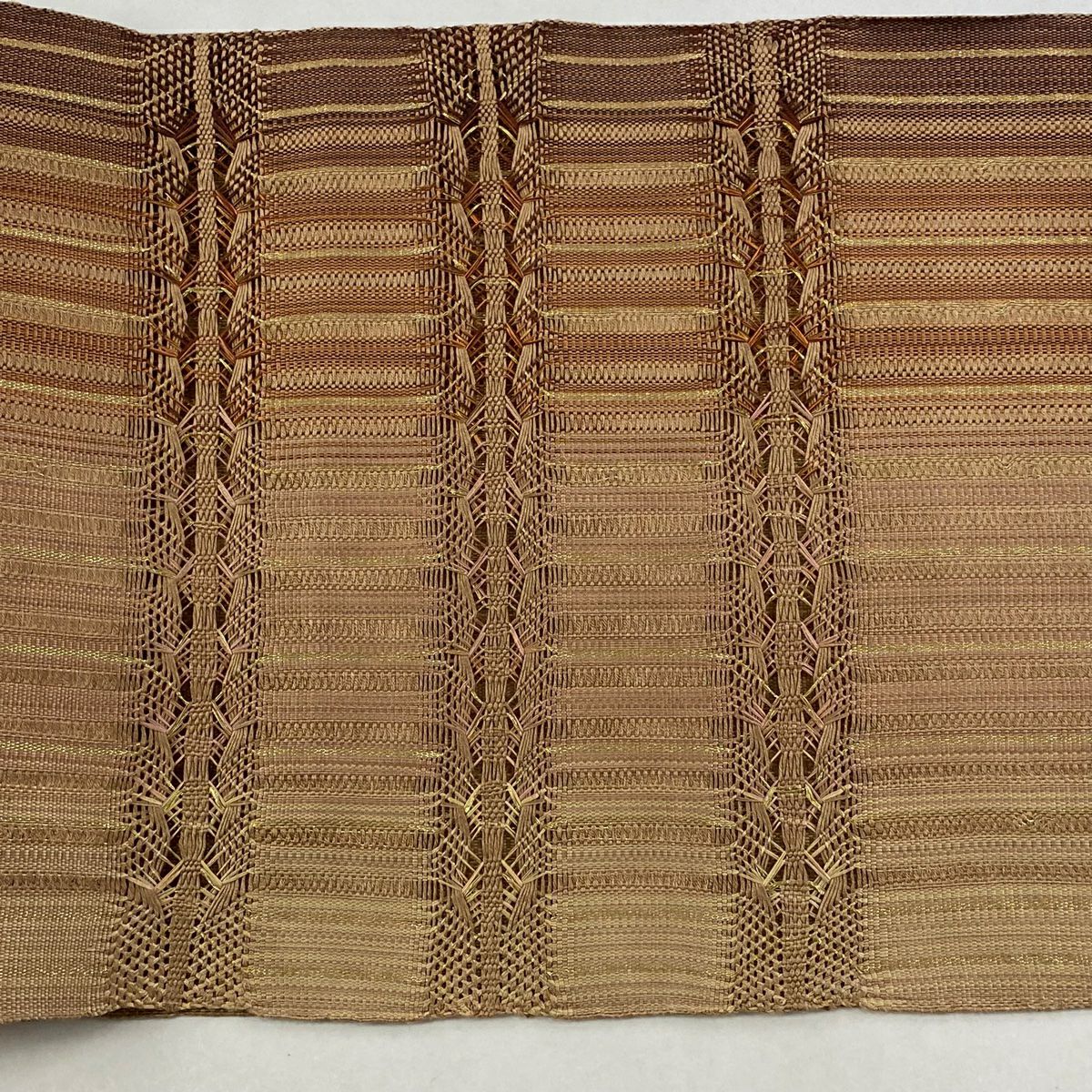 【美品】 名古屋帶 優品級 八寸名古屋帶 松樹葉仕立 雜紋 幾何圖案 金線 淺茶 純蠶絲