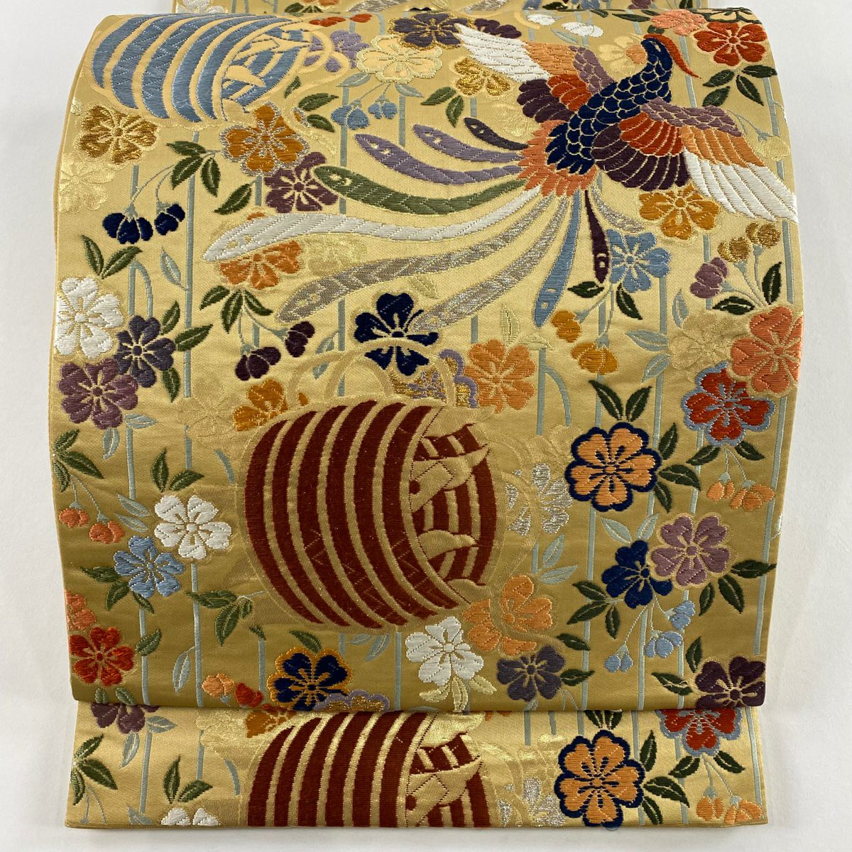 【美品】 袋帶 秀品級 關西仕立 雙尾鳥 線卷 金銀線 金金箔 黃土 深色 六通 純蠶絲