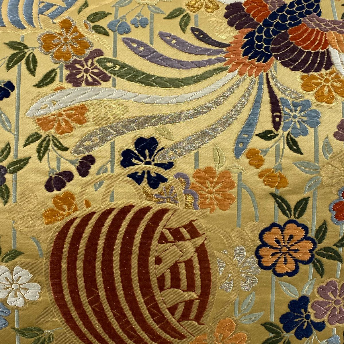 【美品】 袋帶 秀品級 關西仕立 雙尾鳥 線卷 金銀線 金金箔 黃土 深色 六通 純蠶絲