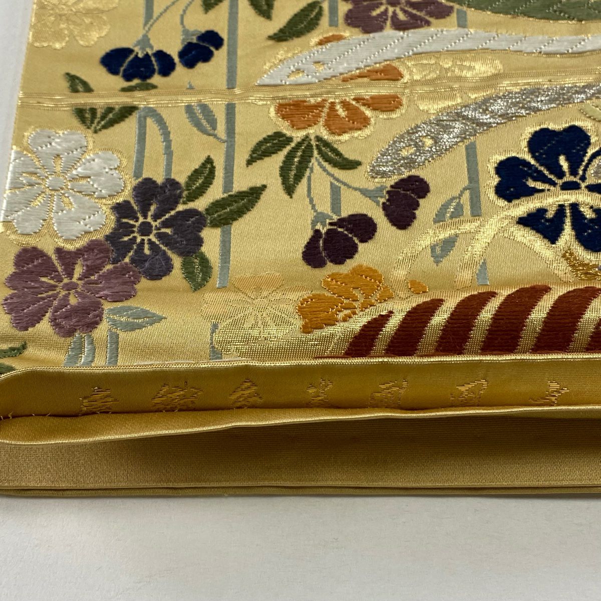 【美品】 袋帶 秀品級 關西仕立 雙尾鳥 線卷 金銀線 金金箔 黃土 深色 六通 純蠶絲