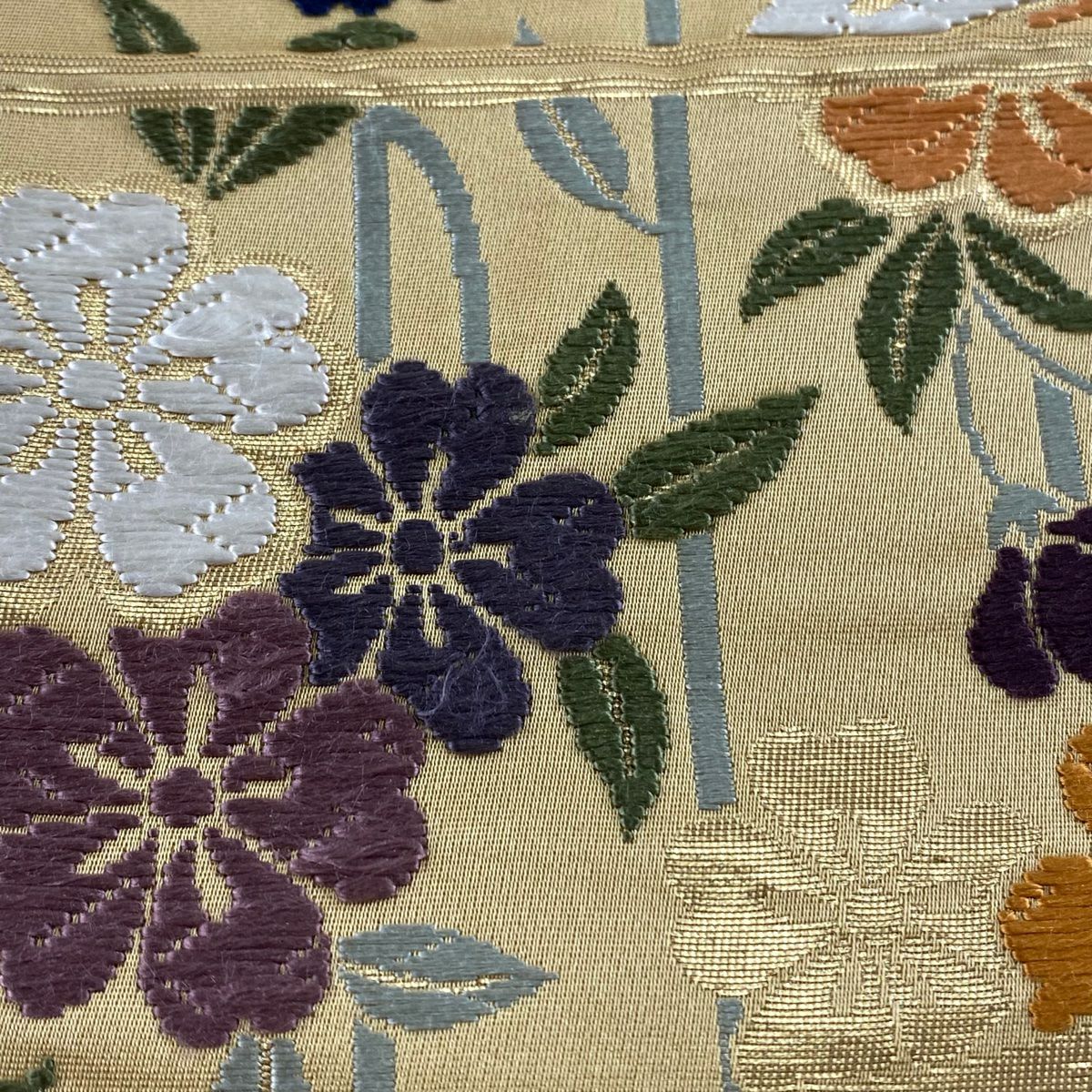 【美品】 袋帶 秀品級 關西仕立 雙尾鳥 線卷 金銀線 金金箔 黃土 深色 六通 純蠶絲