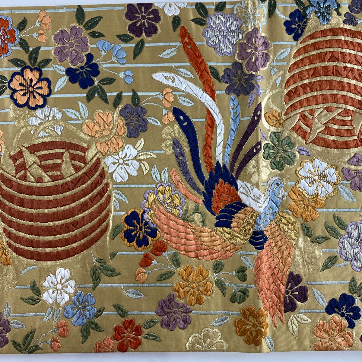 【美品】 袋帶 秀品級 關西仕立 雙尾鳥 線卷 金銀線 金金箔 黃土 深色 六通 純蠶絲