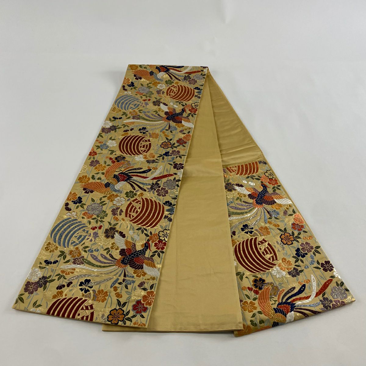 【美品】 袋帶 秀品級 關西仕立 雙尾鳥 線卷 金銀線 金金箔 黃土 深色 六通 純蠶絲