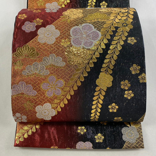 袋帶 秀品級 梅花 松樹 金銀線 金金箔 紅 六通 純蠶絲