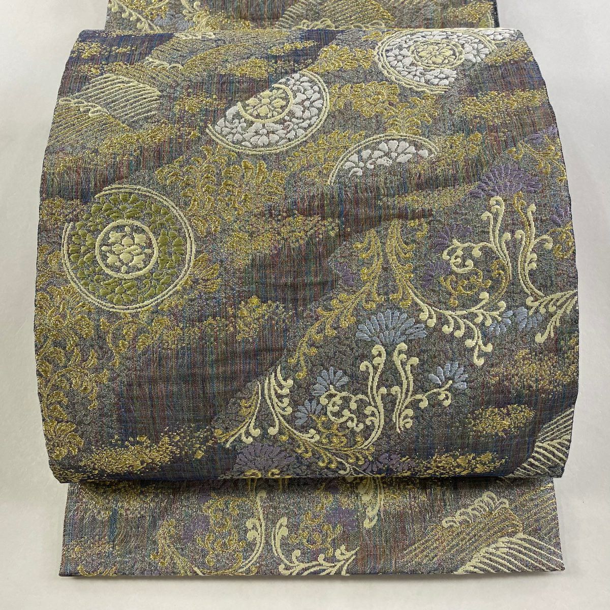 【美品】 袋帶 秀品級 花唐草紋 波 金絲 灰紫 六通 純蠶絲