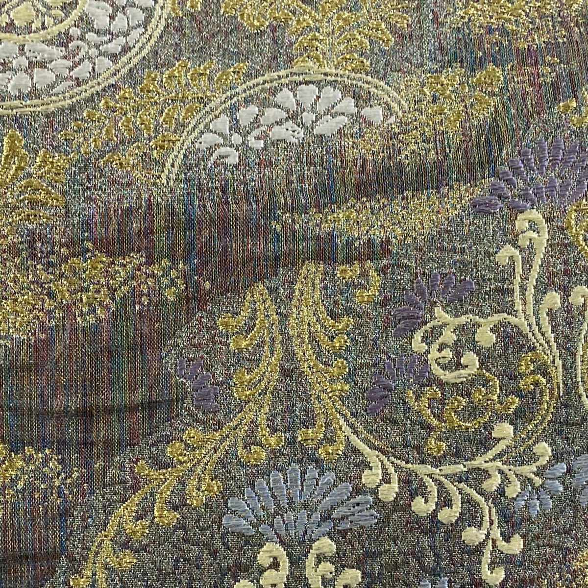 【美品】 袋帶 秀品級 花唐草紋 波 金絲 灰紫 六通 純蠶絲