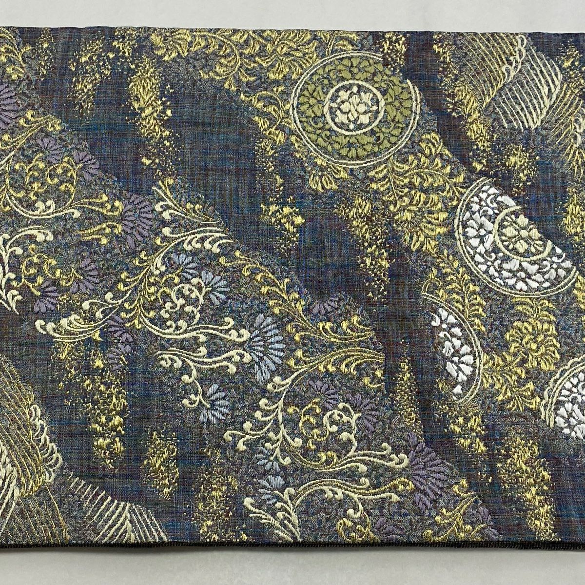 【美品】 袋帶 秀品級 花唐草紋 波 金絲 灰紫 六通 純蠶絲